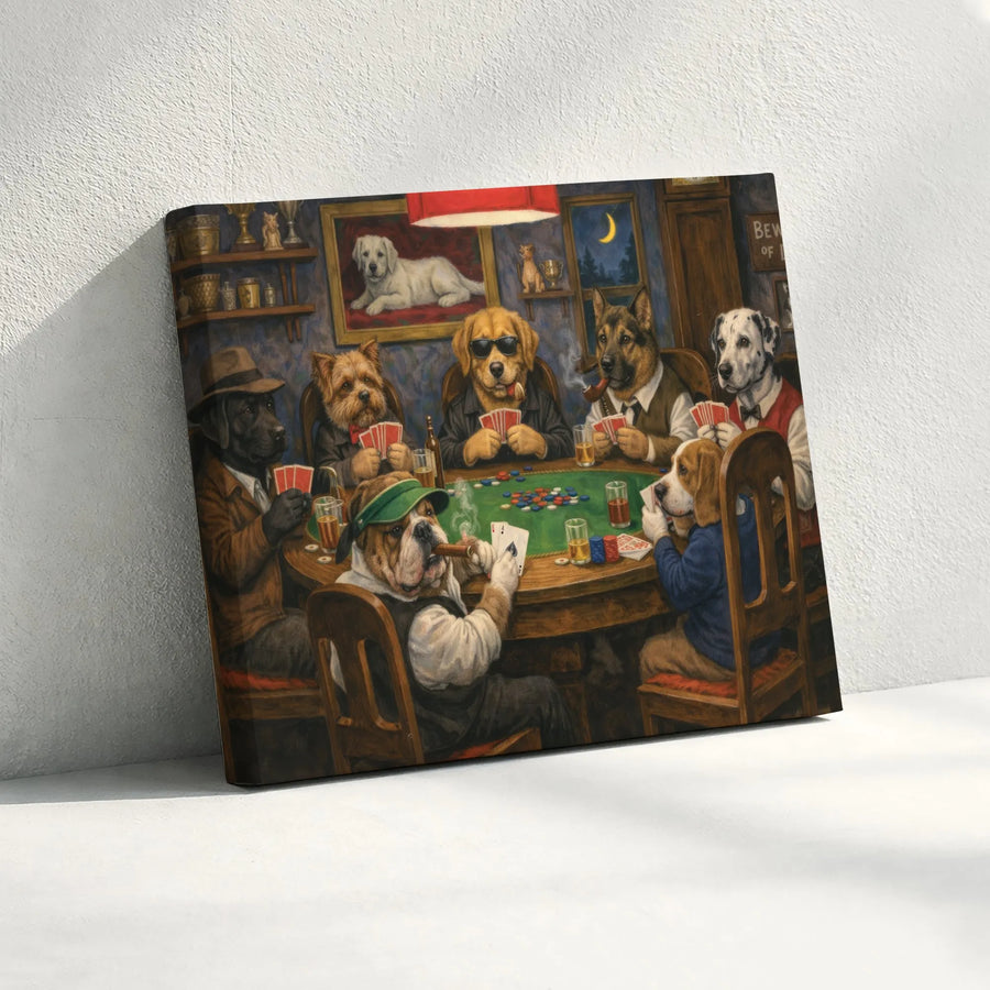 Dogs Playing Poker Canvas Wall Art | Funny Animal Poker Night Painting | Premium Gallery Wrapped Canvas | Man Cave Decor Gift for Dad