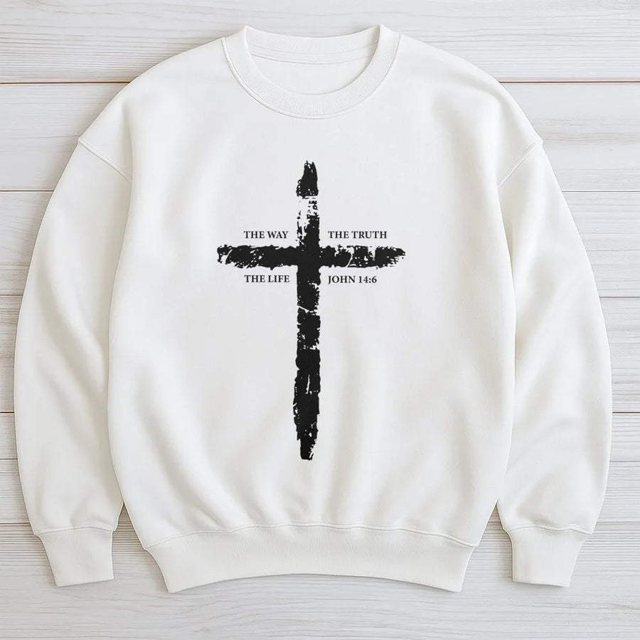 Christian Sweatshirt | John 14:6 Bible Verse Rustic Cross Graphic | Premium Cotton Blend | Inspirational Faith Gift for Men and Women