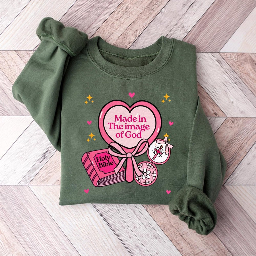 Made In The Image Of God Sweatshirt | Aesthetic Christian Bible Verse Design | Soft Cotton Blend Unisex Pullover | Faithful Religious Gift For Women