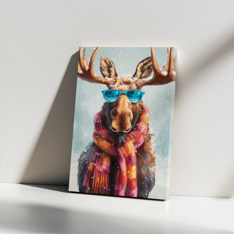 Cool Moose Wall Art | Funny Winter Animal Painting | Premium Gallery Wrapped Canvas | Whimsical Cabin Decor Gift
