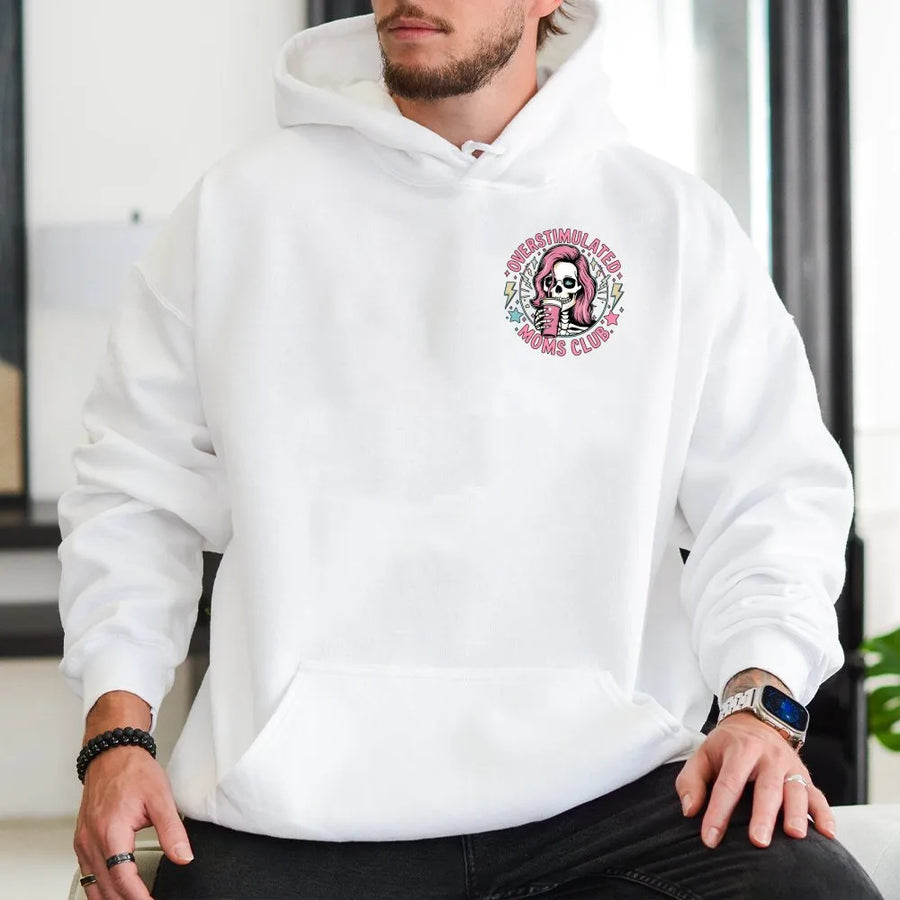 Overstimulated Moms Club Hoodie | Funny Skull Iced Coffee Graphic | Premium Cotton Blend Sweatshirt | Unique Gift for Mom, Edgy Mom Life Apparel