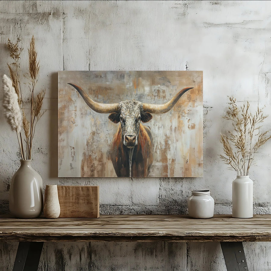 Texas Longhorn Bull Wall Art | Rustic Abstract Farmhouse Canvas Print | Premium Gallery Wrapped Decor | Western Home Office Gift Idea