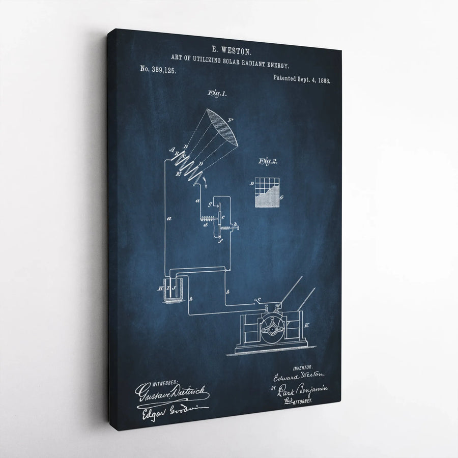 Solar Energy Patent Canvas Print | 1888 Vintage Technical Diagram | Premium Fade-Resistant Wall Art | Unique Science Gift for Engineers