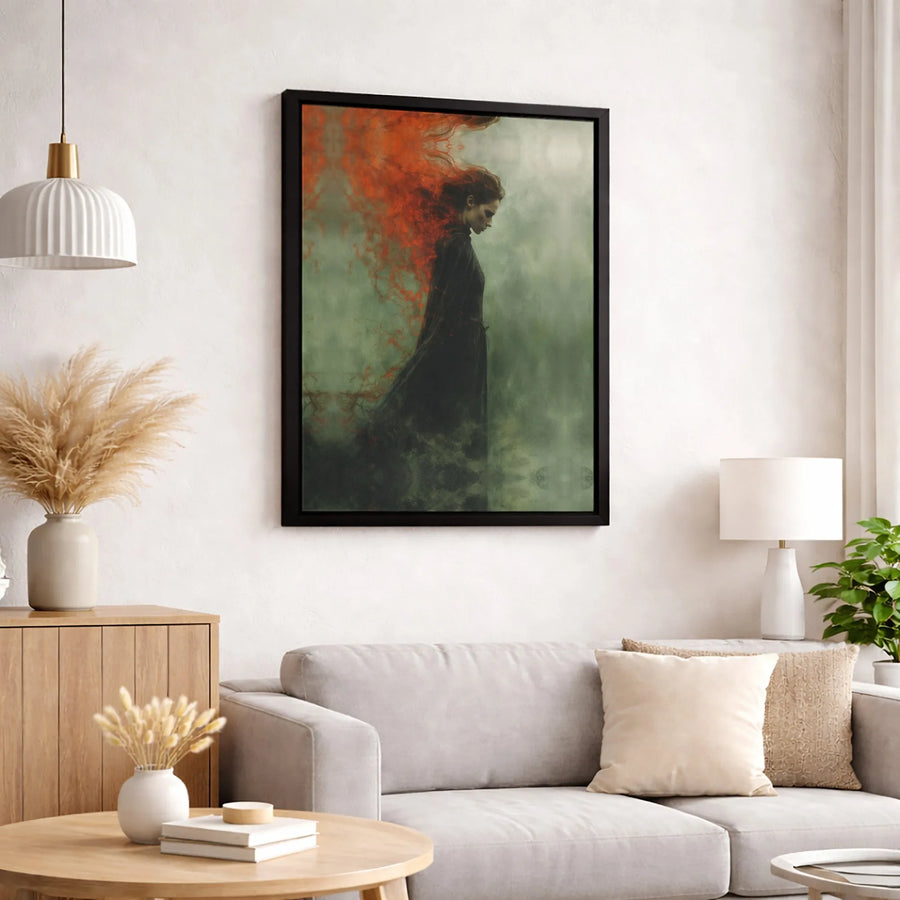 Dark Fantasy Wall Art | Gothic Woman With Fiery Red Hair | Premium Gallery Wrapped Canvas | Moody Surreal Decor Gift for Home