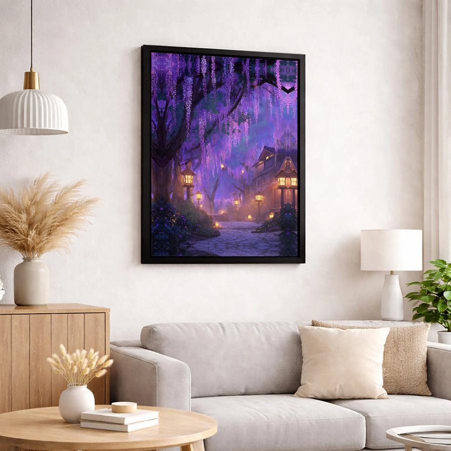 Japanese Garden Wall Art | Purple Wisteria Night Forest Landscape | Premium Gallery Wrapped Canvas | Enchanted Home Decor Gift