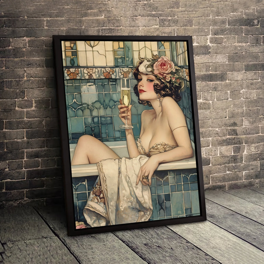 Art Deco Woman Bathing Canvas | Vintage Champagne & Rose Floral Print | Premium 1.25-inch Gallery Wrapped Art | Elegant Home & Bathroom Decor