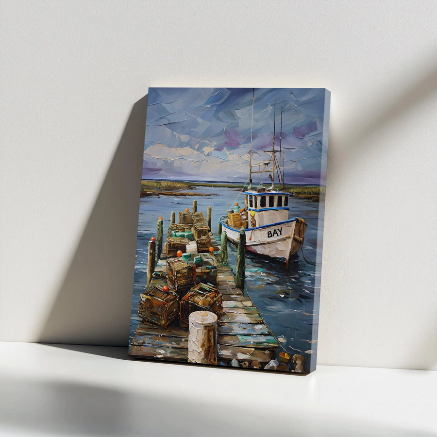 Fishing Boat Canvas Wall Art | Coastal Harbor Scene with Lobster Traps | Premium Gallery Wrap Canvas | Nautical Home Decor Gift for Fisherman