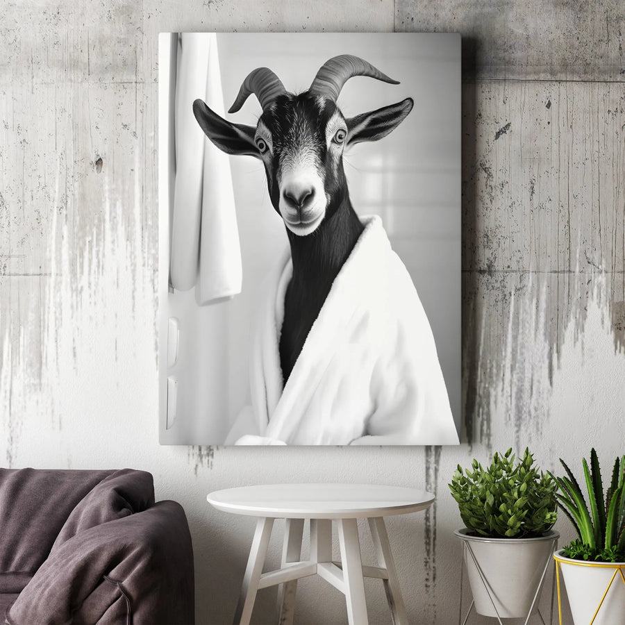 Goat In A Bathrobe Canvas Wall Art | Funny Bathroom Decor | Premium Gallery Wrap Print | Whimsical Farmhouse Home Gift