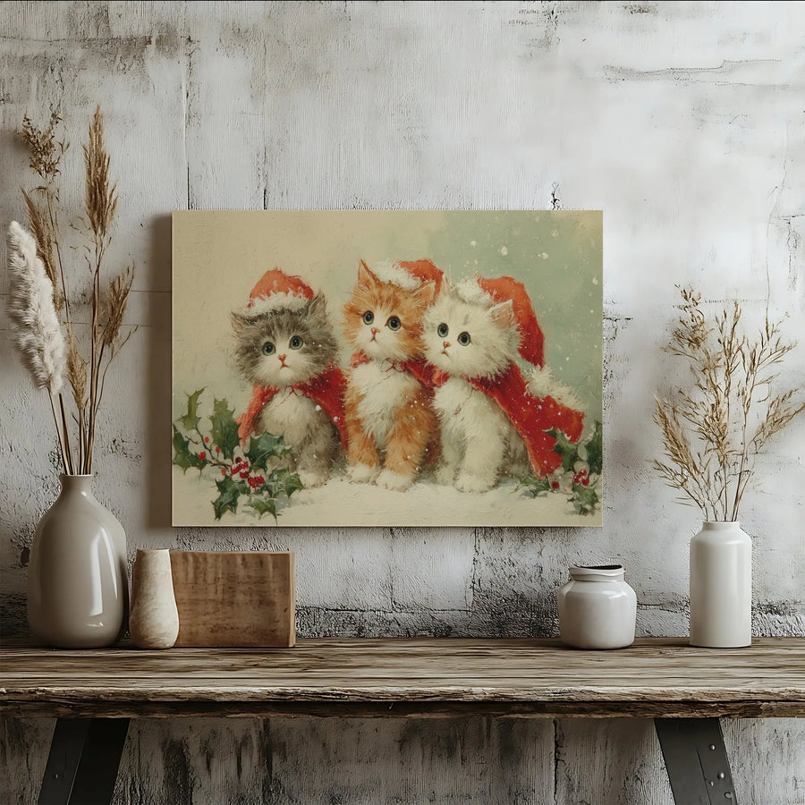 Three Kittens Christmas Canvas Wall Art | Vintage Style Cute Cat Holiday Decor | Premium Gallery Wrap Print | Festive Gift for Cat Lovers