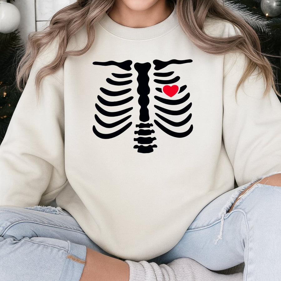 Skeleton Heart Sweatshirt | Maternity Pregnancy Announcement Graphic Tee | Premium Cotton Blend Crewneck | Halloween Couples Matching Gift Idea