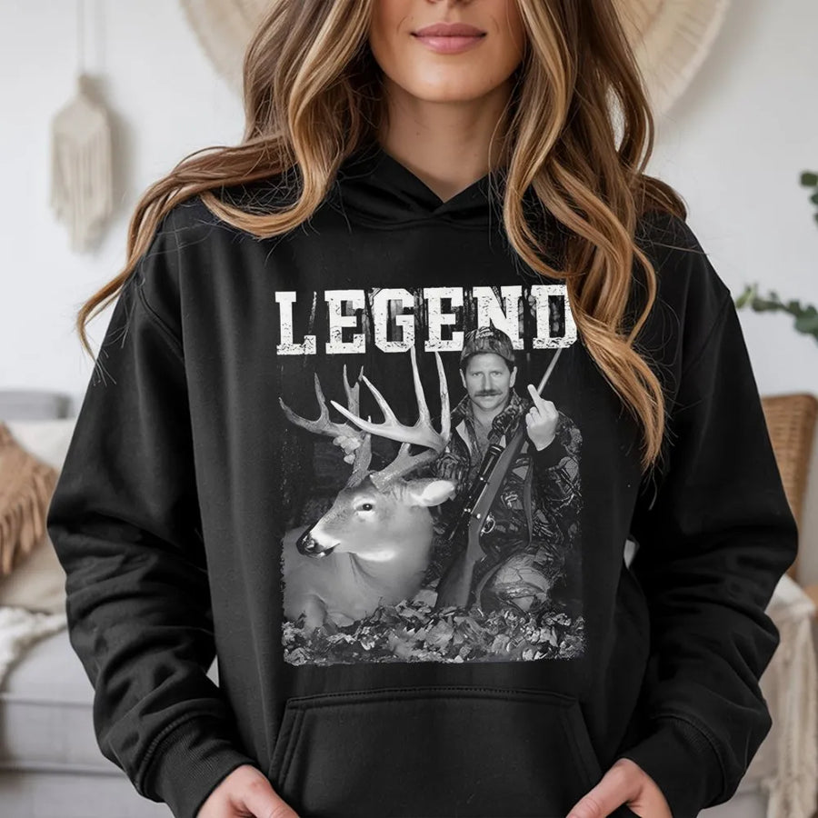 Legend Hunting Hoodie | Funny Hunter Middle Finger Deer Design | Premium Unisex Graphic Sweatshirt | Gift for Outdoorsmen & Deer Hunters