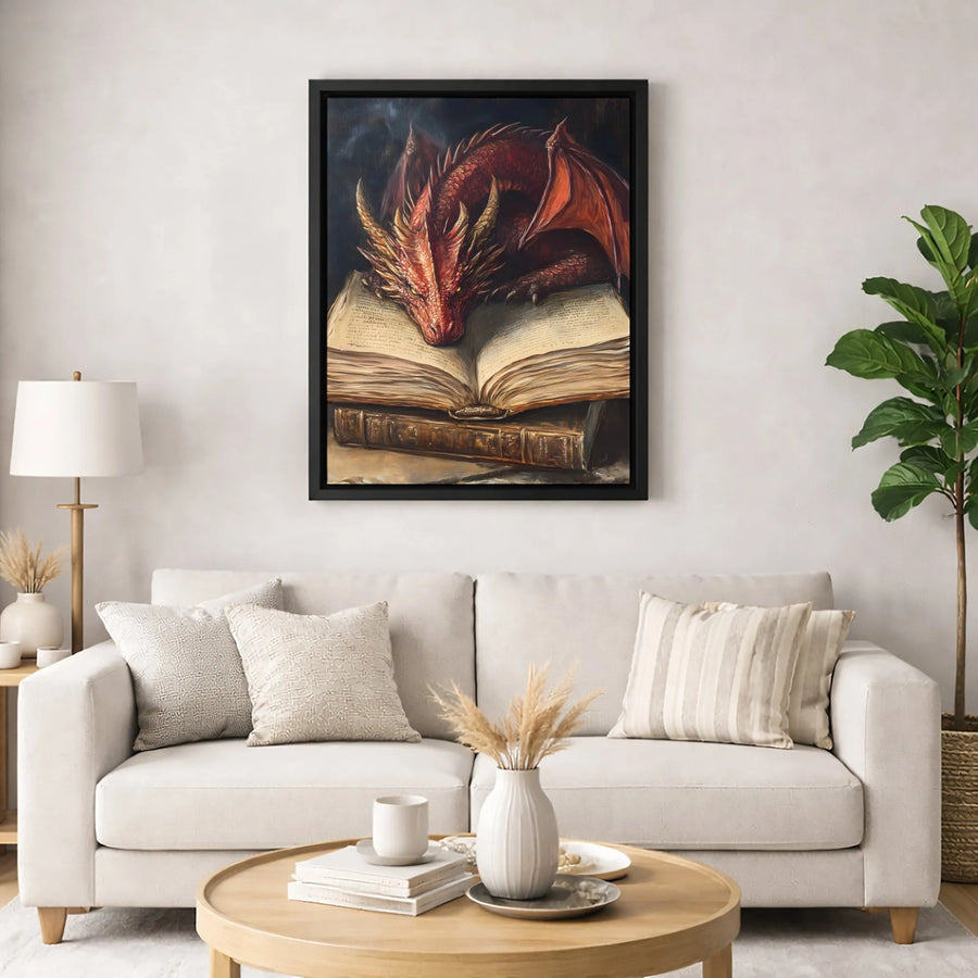 Red Dragon Canvas Art | Sleeping Fantasy Beast On Ancient Books | Premium Gallery Wrap Print | Magical Home Decor Gift For Book Lovers