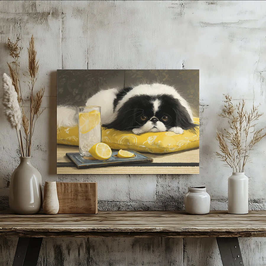 Japanese Chin Dog Canvas Wall Art | Cute Pet Portrait With Lemonade | Premium Gallery Wrap Print | Whimsical Home Decor Gift For Dog Lovers