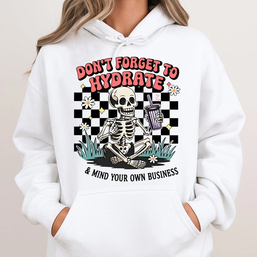 Don't Forget To Hydrate Skeleton Hoodie | Retro Checkerboard Aesthetic Graphic | Premium Cotton Blend | Funny Sarcastic Gift For Friends