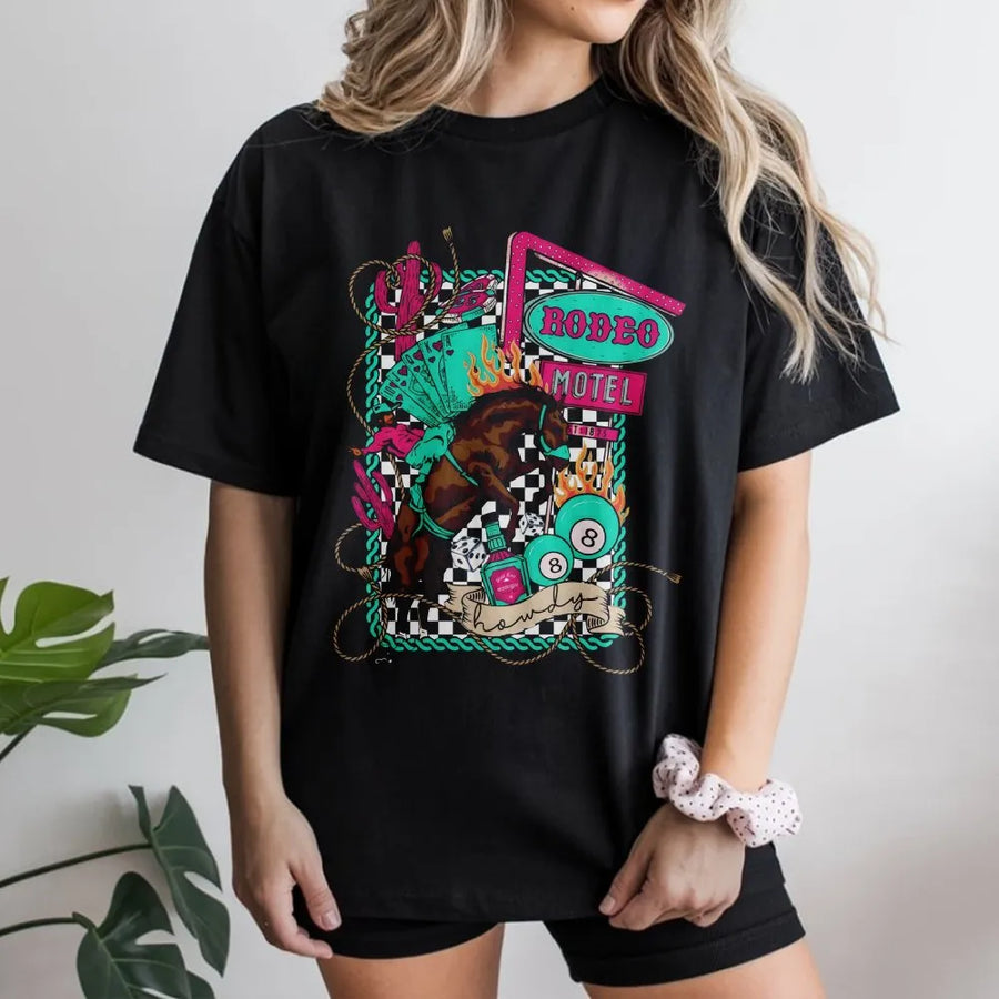 Rodeo Motel Western T-Shirt | Neon Cowboy Checkered Graphic | Premium Cotton Streetwear | Retro Country Gift For Cowgirl