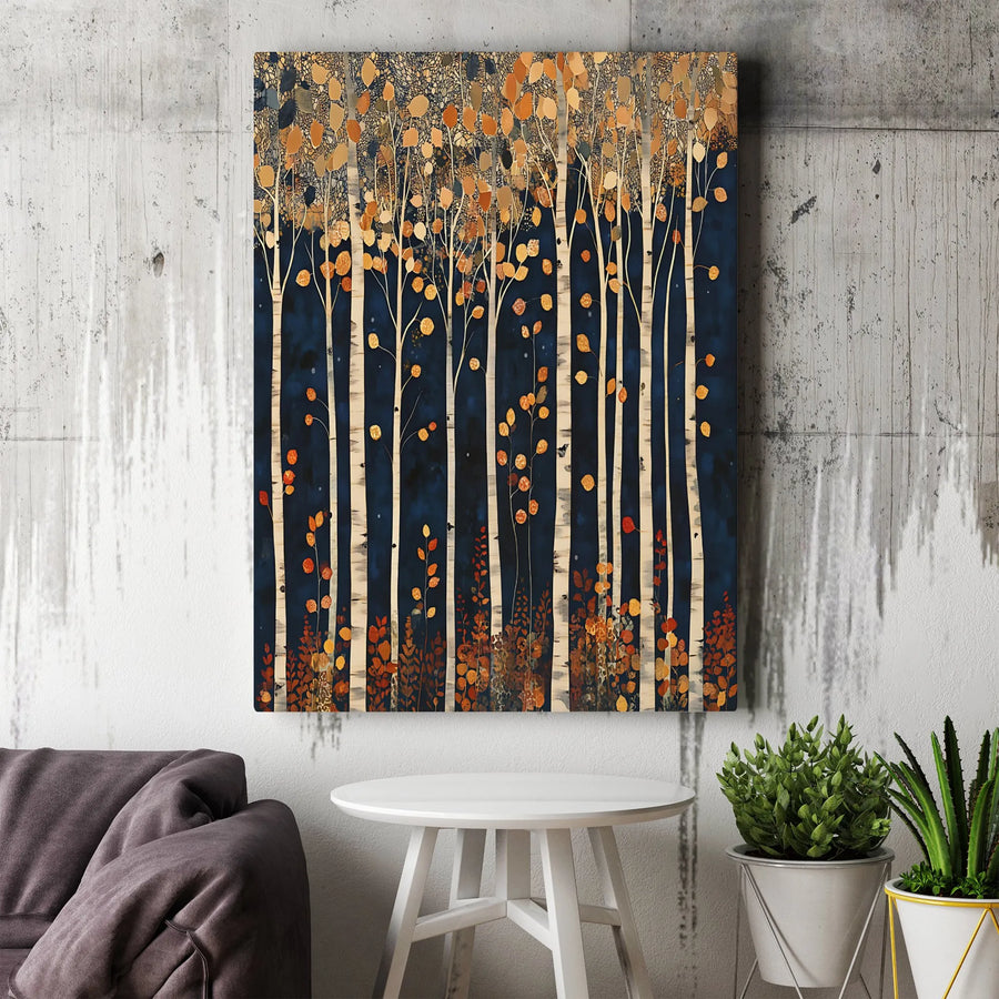 Autumn Birch Tree Forest Canvas Art | Abstract Gold and Orange Leaves Wall Decor | Premium Fade-Resistant Gallery Print | Modern Home Office Gift