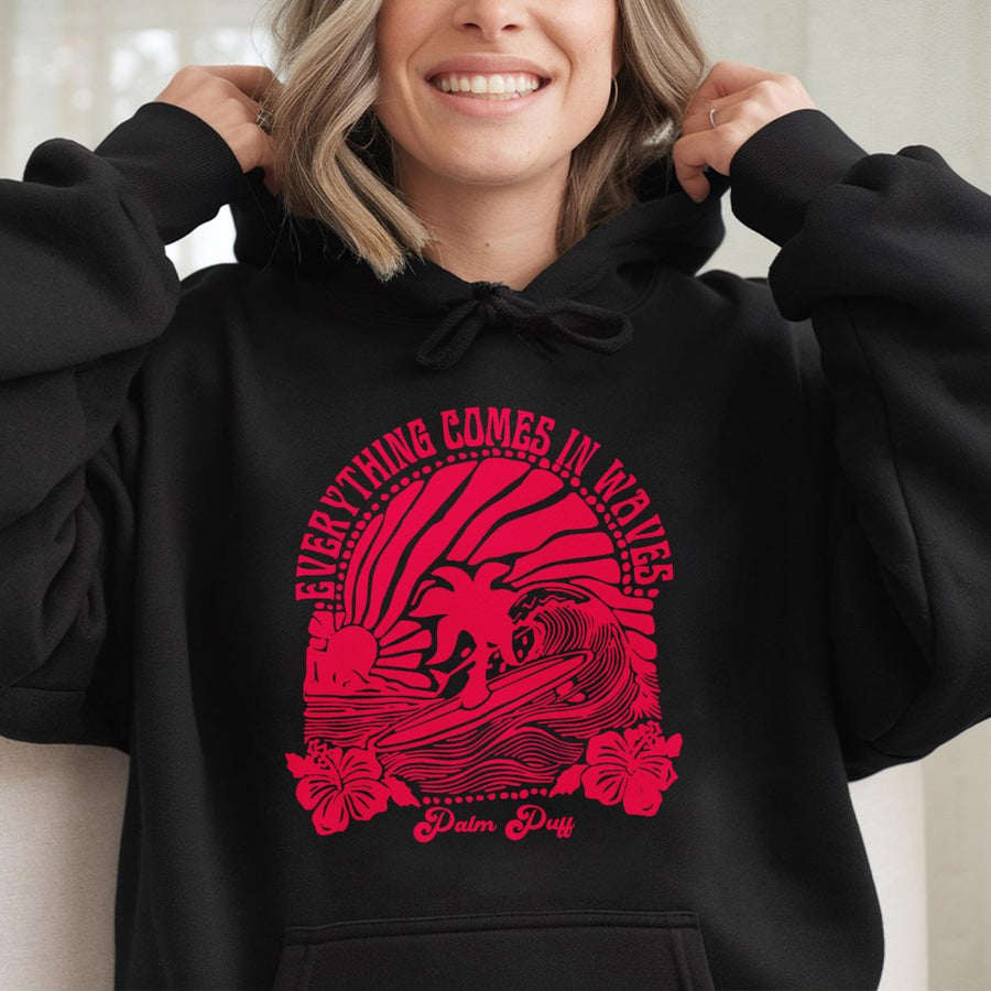 Everything Comes In Waves Hoodie | Retro Surfer Aesthetic Graphic | Premium Cotton Blend | Coastal Cowgirl Gift For Her