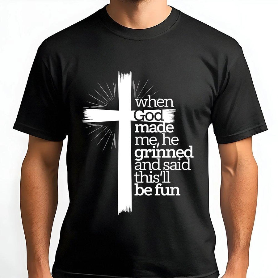 Religious Graphic T-Shirt | When God Made Me He Grinned Cross Design | 100% Cotton Premium Apparel | Inspirational Faith-Based Gift for Men and Women