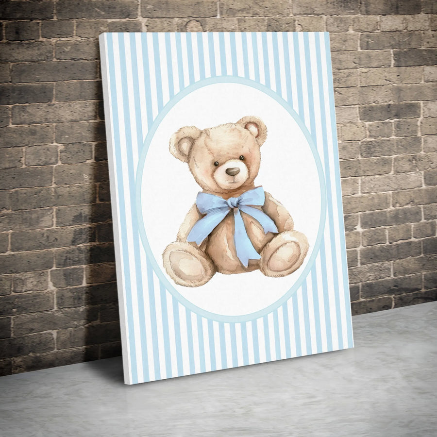 Watercolor Teddy Bear Wall Art | Blue Stripe Nursery Decor | Premium Gallery Canvas | Cute Baby Boy Room Gift