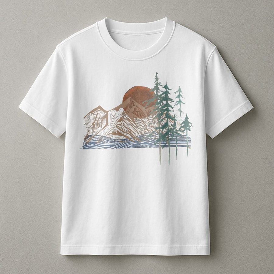 Mountain Forest Graphic T-Shirt | Abstract Nature Wilderness Scene | Premium 100% Cotton Tee | Gift for Hikers and Outdoorsmen