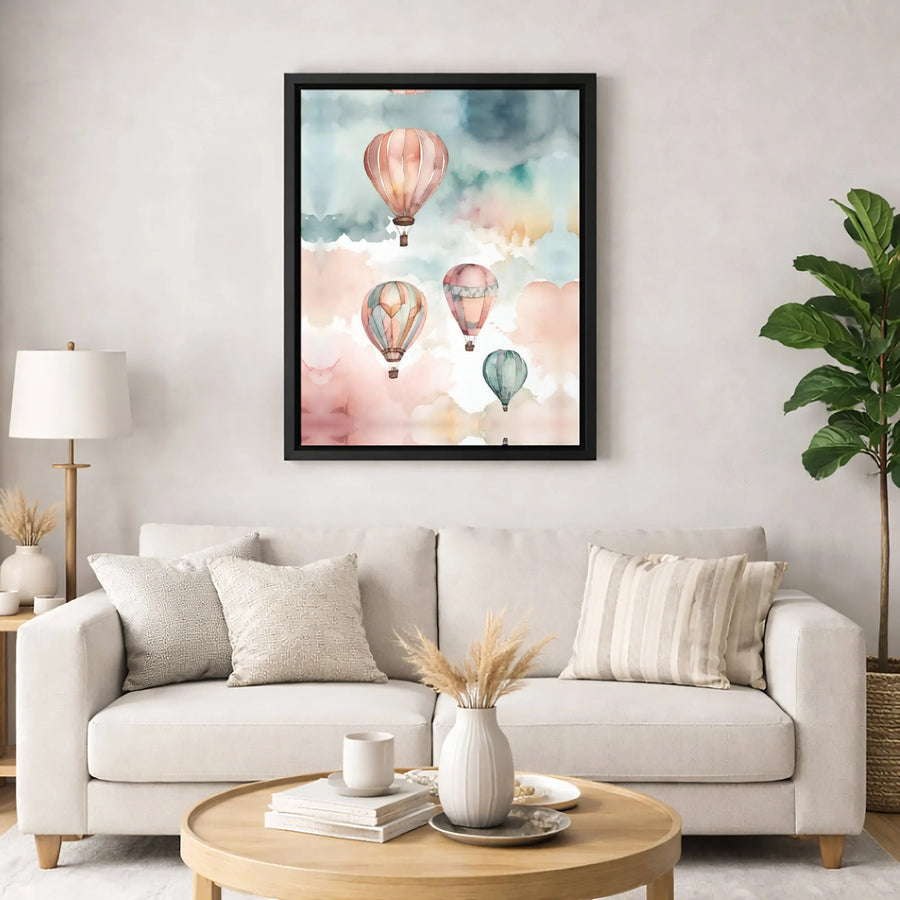 Hot Air Balloon Canvas Art | Watercolor Pastel Clouds Wall Decor | Premium Fade-Resistant Print | Nursery & Living Room Gallery Gift