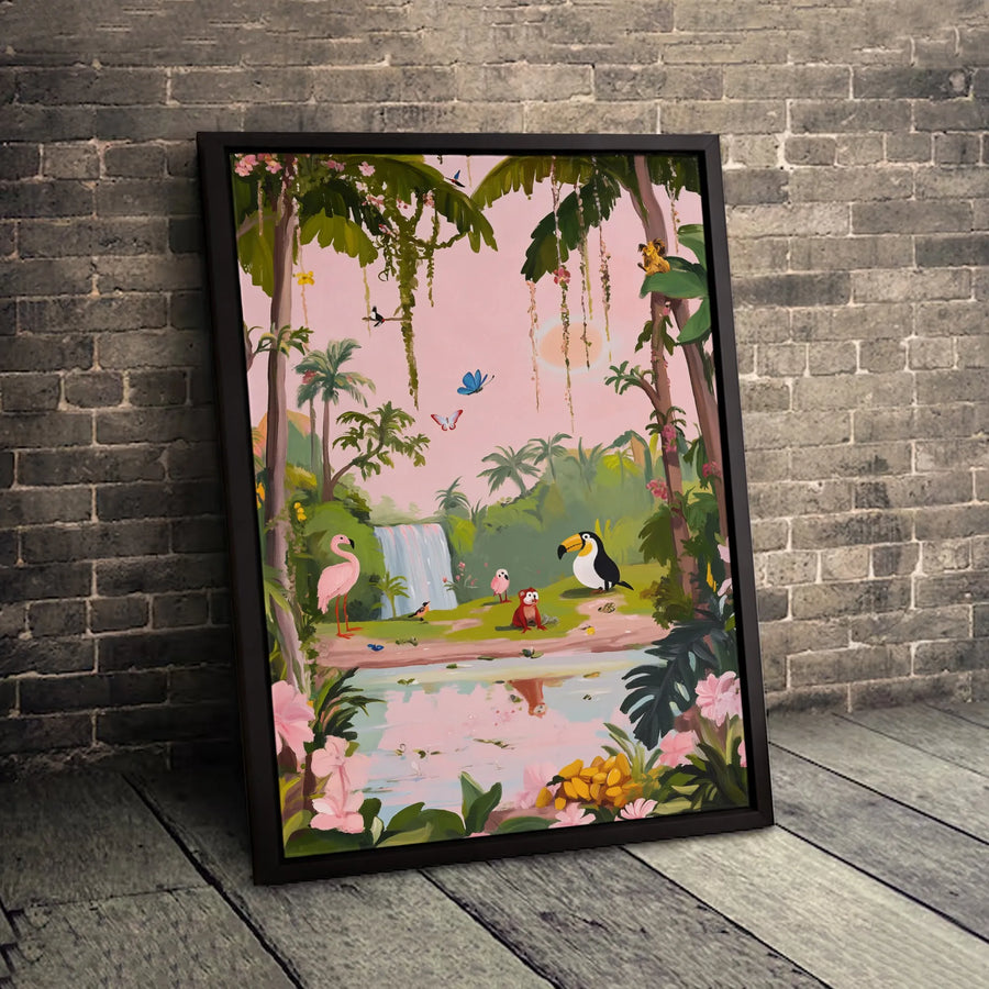 Whimsical Jungle Animal Canvas Wall Art | Pink Flamingo Toucan Monkey Print | Gallery Quality Premium Decor | Nursery And Tropical Living Room Gift