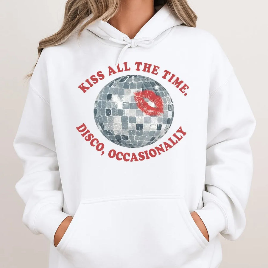 Retro Disco Ball Hoodie | Kiss All The Time Graphic | Soft Cotton Crewneck | Y2K Concert Gift for Women