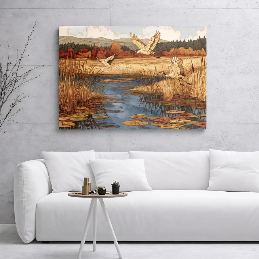 Japanese Cranes Canvas Wall Art | Autumn Marshland Landscape Print | Premium 1.25-Inch Gallery Wrap | Serene Nature Decor for Living Room