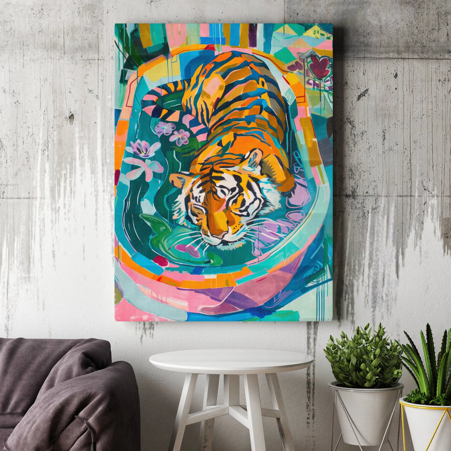 Abstract Tiger Vertical Canvas | Vibrant Jungle Cat Painting | Premium Gallery Wrapped Print | Modern Living Room Decor Gift