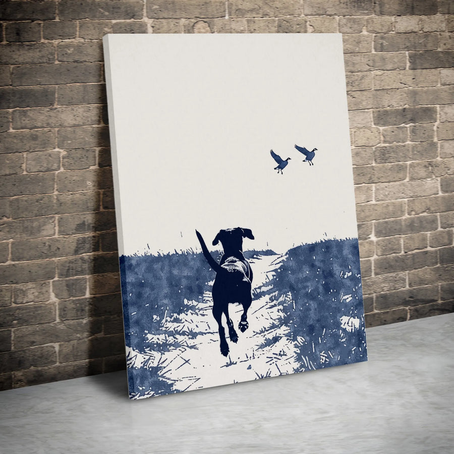 Labrador Retriever Canvas Print | Minimalist Hunting Dog Chasing Geese | Premium Fade-Resistant Wall Art | Rustic Dog Lover Gift Decor