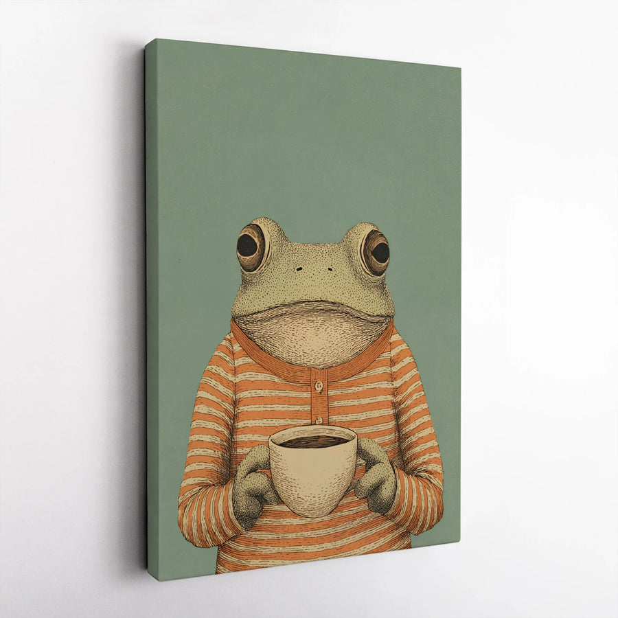 Frog With Coffee Canvas Wall Art | Anthropomorphic Toad Illustration | Premium Gallery Wrapped Print | Cute Home Decor Gift For Coffee Lovers