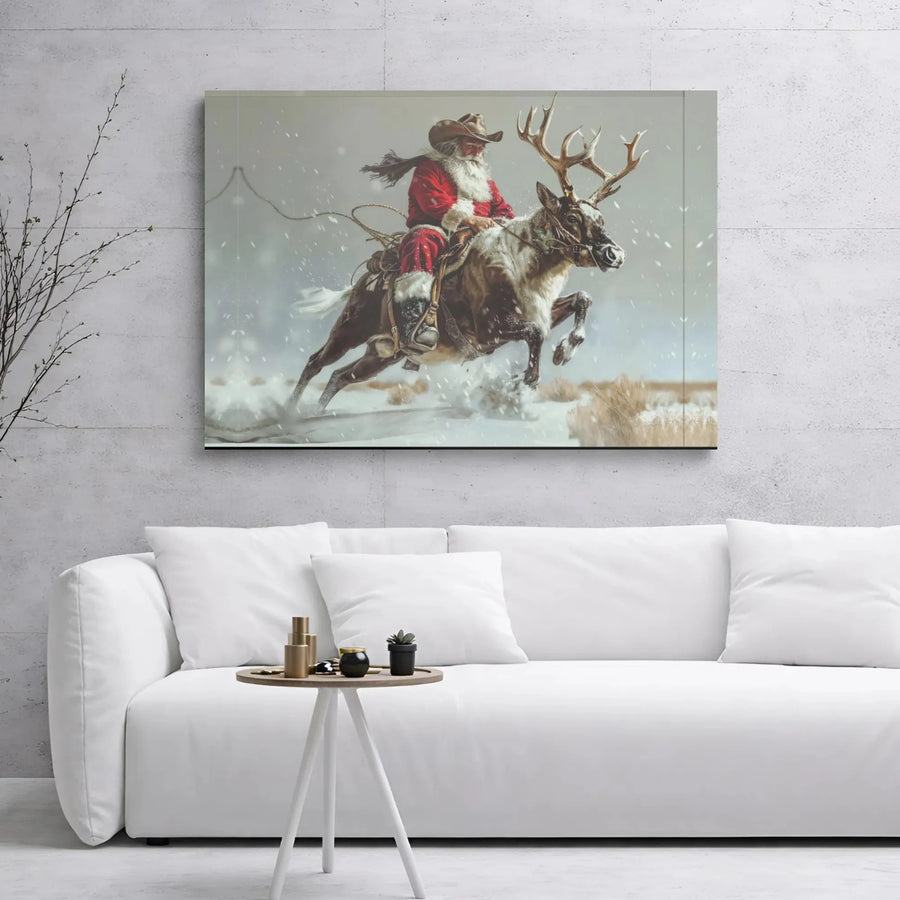 Cowboy Santa Riding Reindeer Canvas Wall Art | Rustic Western Christmas Decor | Premium 1.25 Inch Gallery Wrap | Holiday Gift for Western Decor Lovers
