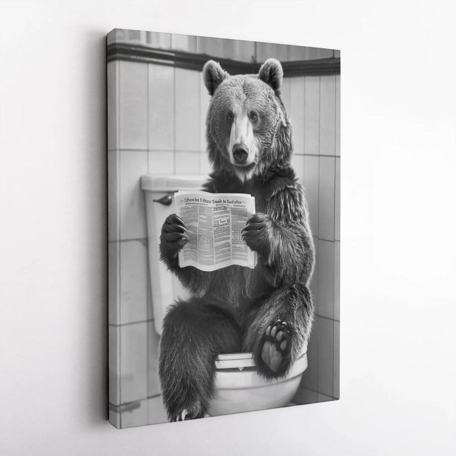 Funny Bear Reading Newspaper Canvas | Bathroom Humor Wall Art | Premium Gallery Wrapped Print | Quirky Gift for Animal Lovers