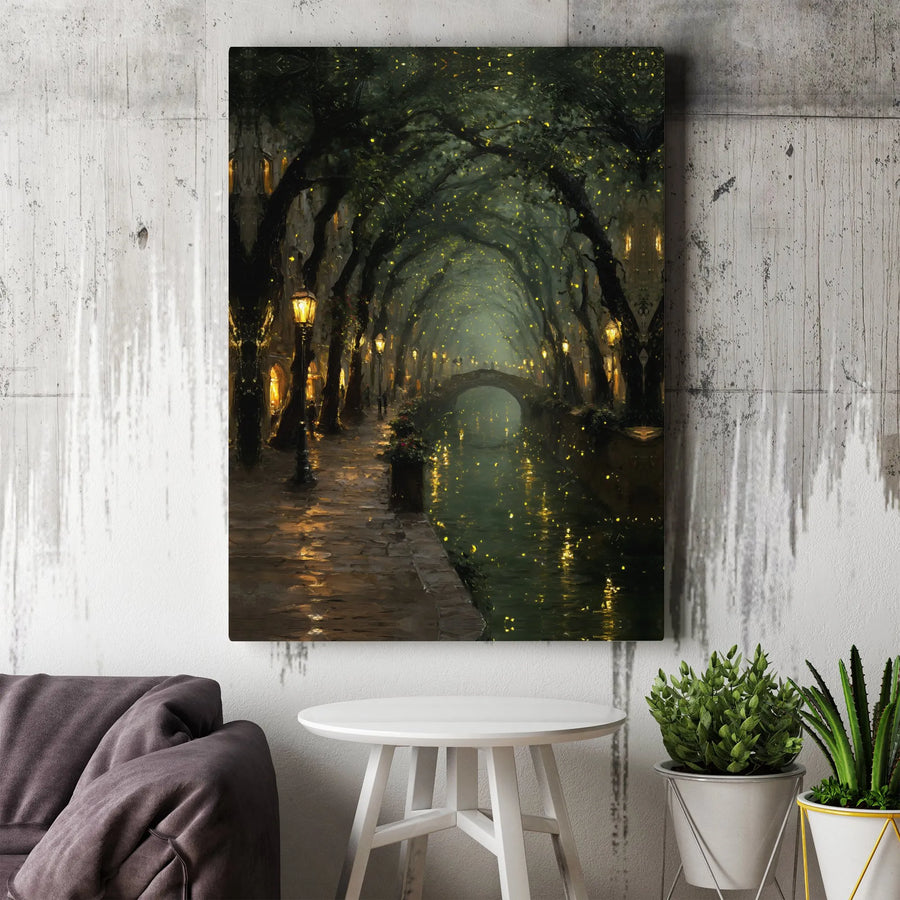 Enchanted Canal Canvas Print | Romantic Lamplit Riverwalk with Fireflies | Premium Gallery Wrapped Art | Living Room Wall Decor Gift