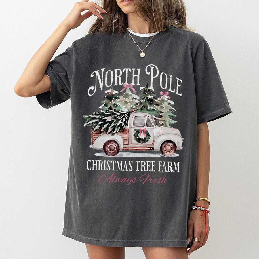 North Pole Christmas Tree Farm T-Shirt | Vintage Rustic Truck Graphic | 100% Cotton Premium Tee | Festive Holiday Gift for Women & Men