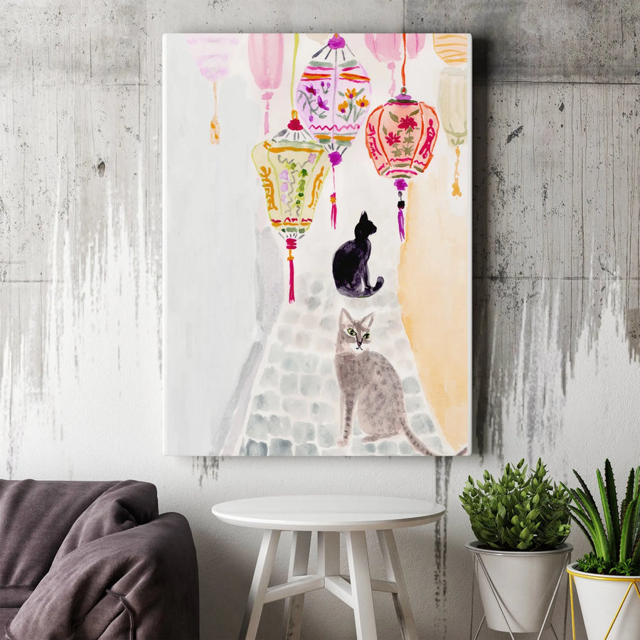 Chinatown Cats Canvas Art | Watercolor Kitties & Lanterns Painting | Premium 1.25" Thick Gallery Wrap | Unique Wall Decor Gift for Cat Lovers