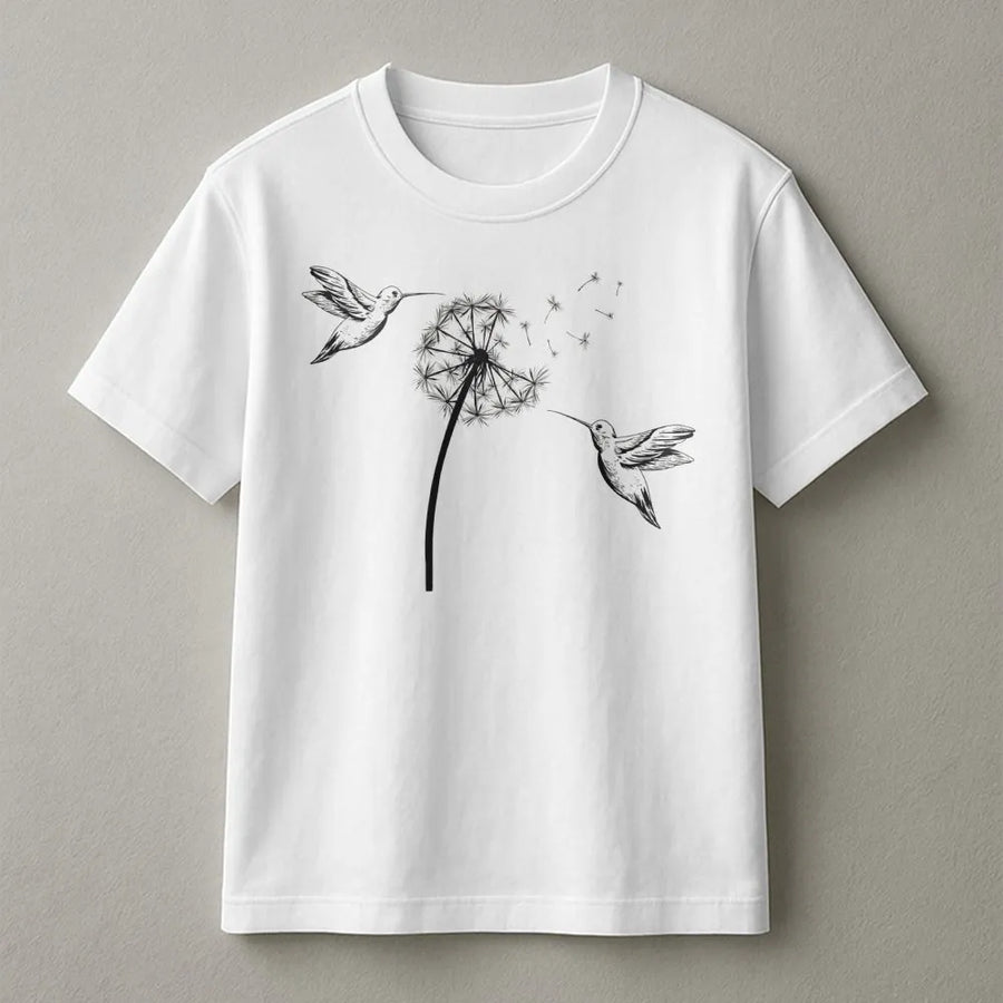 Hummingbird Dandelion T-Shirt | Artistic Nature Floral Graphic Tee | Premium 100% Cotton Comfort | Unique Gift for Bird Lovers & Gardeners