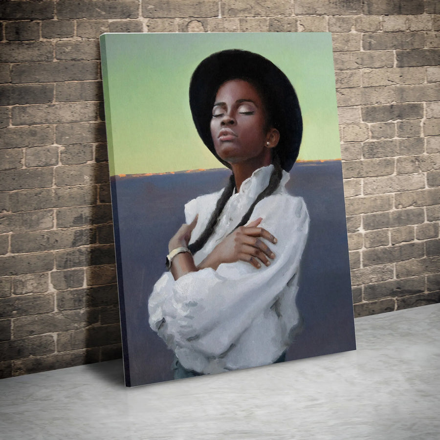 Modern Black Art Canvas Print | Portrait of Serene Woman in Hat | Premium Gallery Quality Wall Decor | Collector's Gift for Living Room