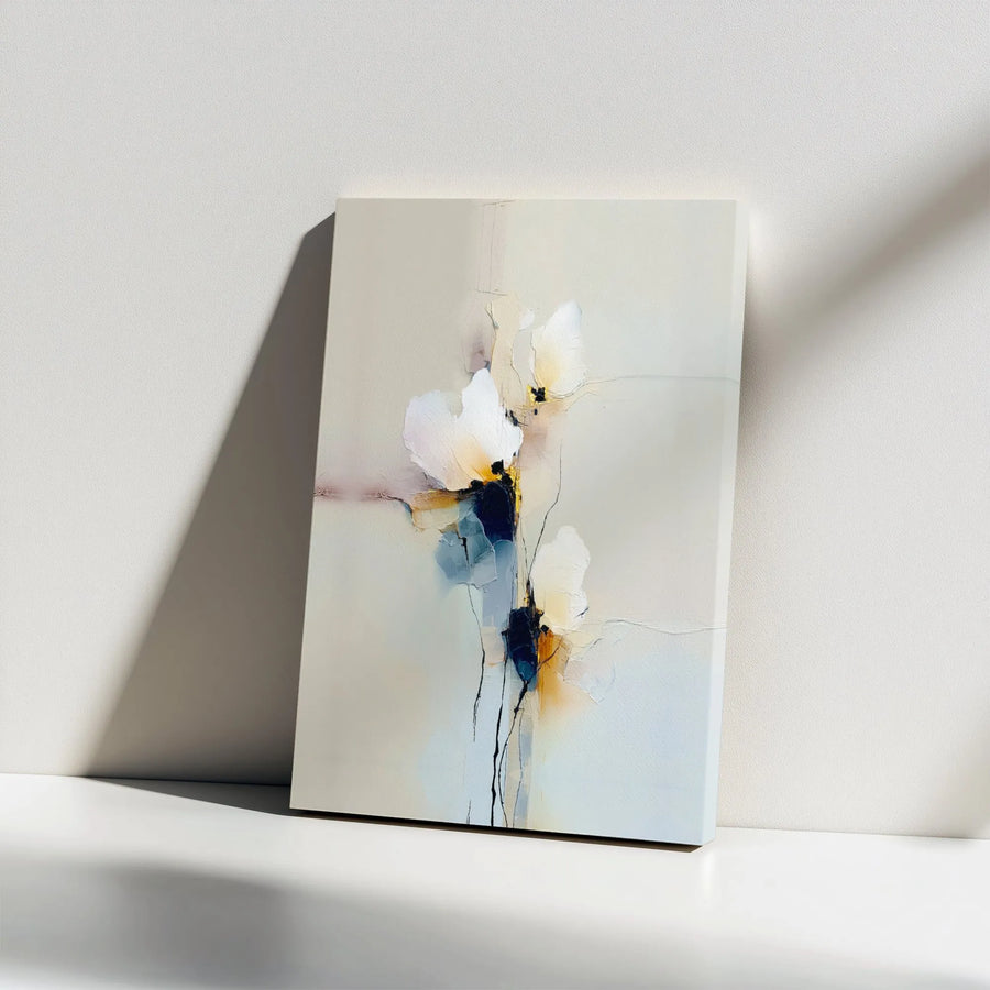 Abstract White Flower Canvas Wall Art | Minimalist Blue and Yellow Palette | Premium Gallery Wrapped Decor | Modern Home and Office Interior Gift