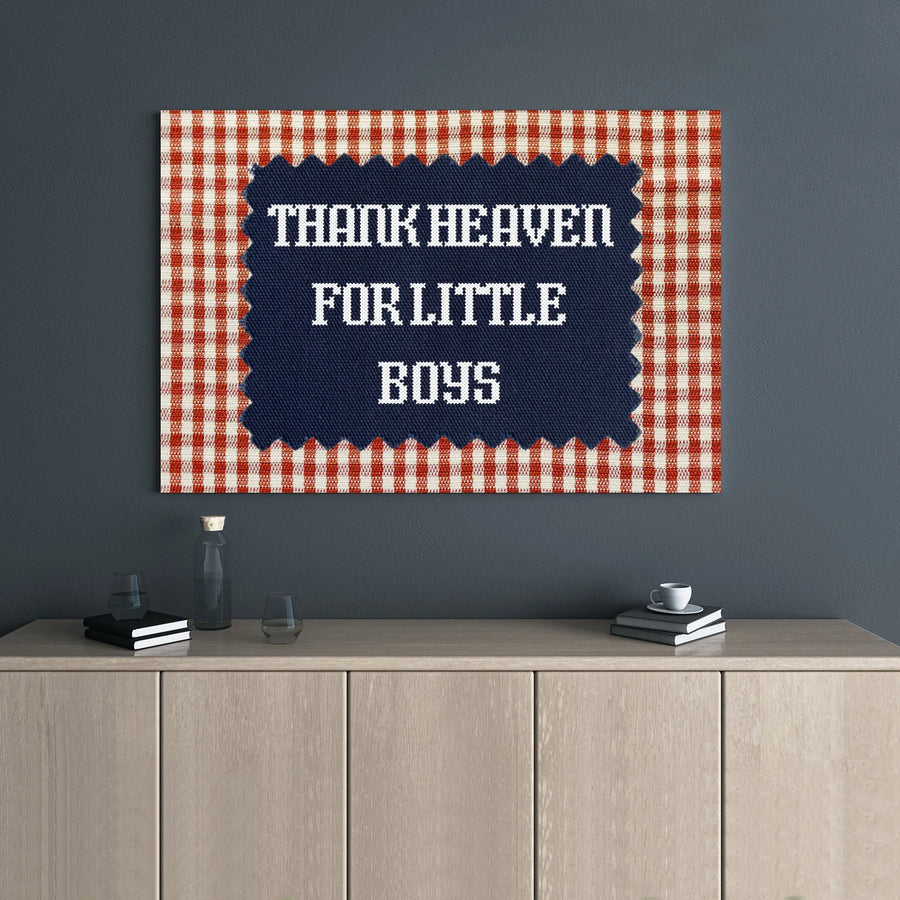 Thank Heaven For Little Boys Wall Art | Rustic Red Gingham Cross Stitch Design | Premium Gallery Wrapped Canvas | Nursery Decor Baby Shower Gift
