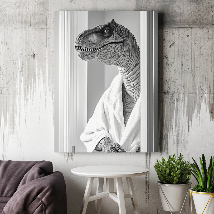 Funny T-Rex in Bathrobe Canvas Wall Art | Surreal Bathroom Decor | Premium Gallery Wrap Print | Whimsical Dinosaur Gift for Men and Kids