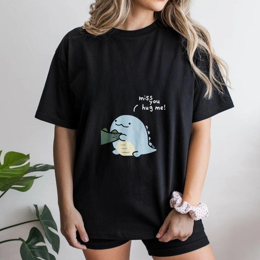 Cute Dinosaur T-Shirt | Kawaii Miss You Hug Me Graphic | Premium Soft Cotton Tee | Romantic Gift for Couples, Boyfriend or Girlfriend