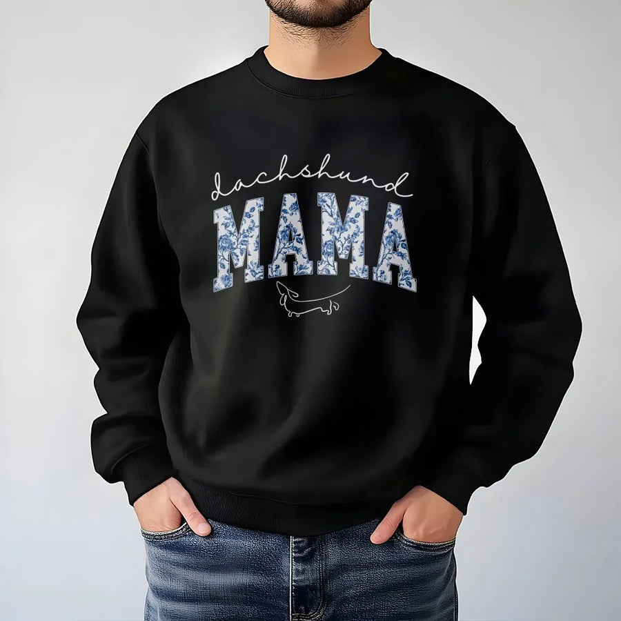 Dachshund Mama Sweatshirt | Blue Floral Print Weenie Dog | Soft Cotton Blend Sweatshirt | Gift for Doxie Mom and Dog Lovers