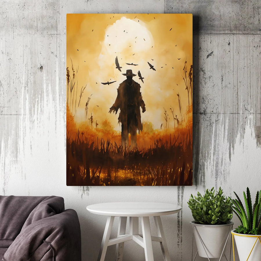 Western Wall Art | Mysterious Scarecrow Silhouette at Sunset | Premium Gallery Wrap Canvas | Gothic Farmhouse Home Decor Gift