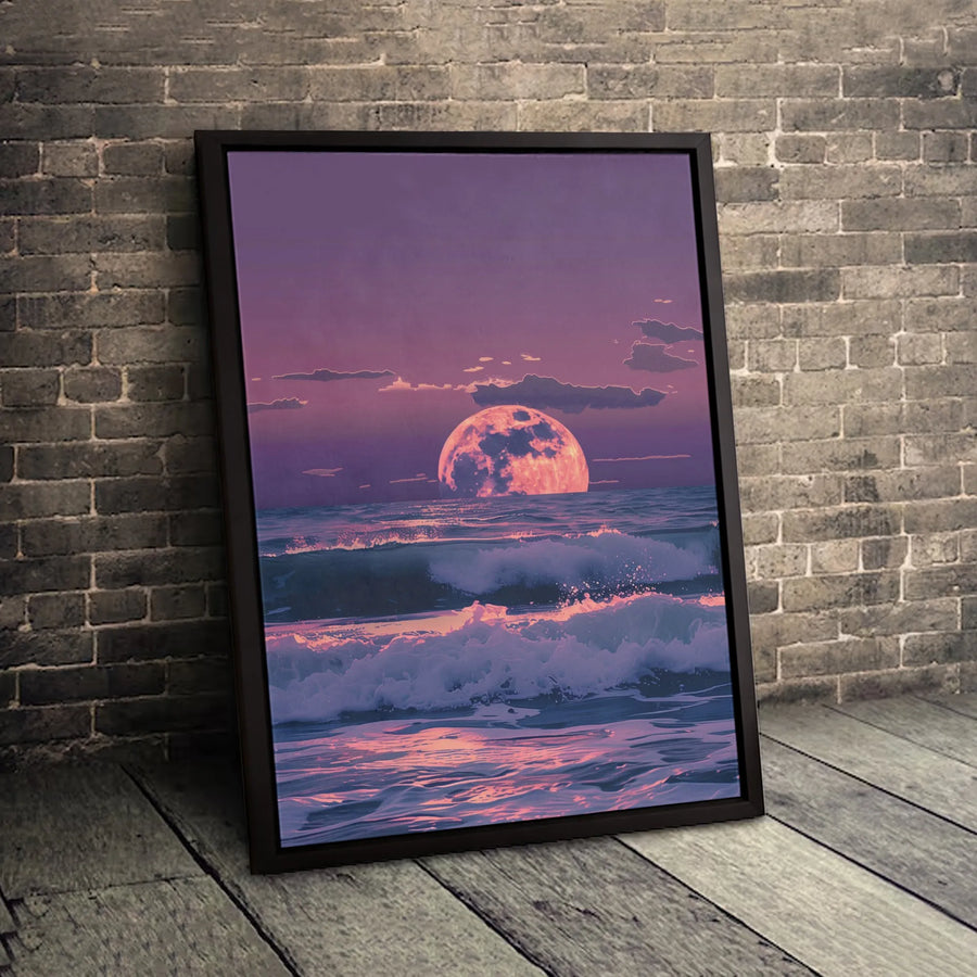 Pink Moon Ocean Canvas Wall Art | Synthwave Retro Sunset Landscape | Premium Fade-Resistant Print | Aesthetic Home Office Decor