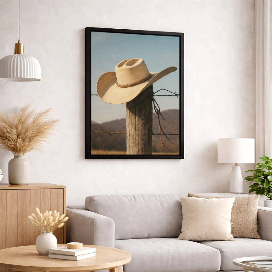 Cowboy Hat on Fence Post Wall Art | Western Rustic Landscape Canvas Print | Premium Gallery Wrap Decor | Farmhouse Country Home Gift