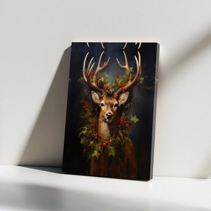 Christmas Stag Canvas Wall Art | Rustic Deer with Holly Wreath | Premium Gallery Wrap Print | Festive Holiday Home Decor