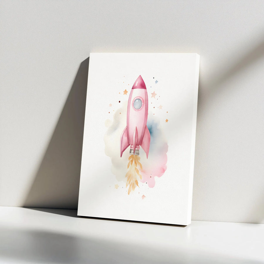 Pink Rocket Ship Wall Art | Watercolor Space Nursery Decor | Premium Gallery Wrapped Canvas | Gift for Little Explorer
