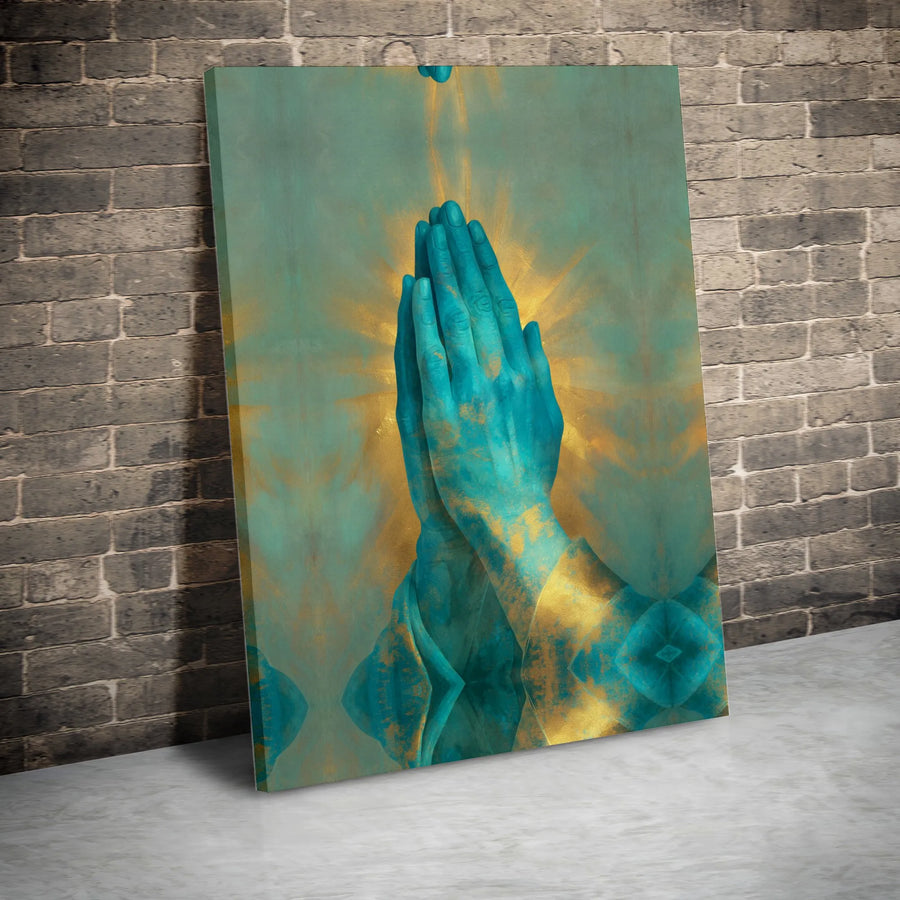 Praying Hands Canvas Wall Art | Turquoise and Gold Spiritual Decor | Premium 1.25 Inch Gallery Wrap | Religious Home and Office Gift