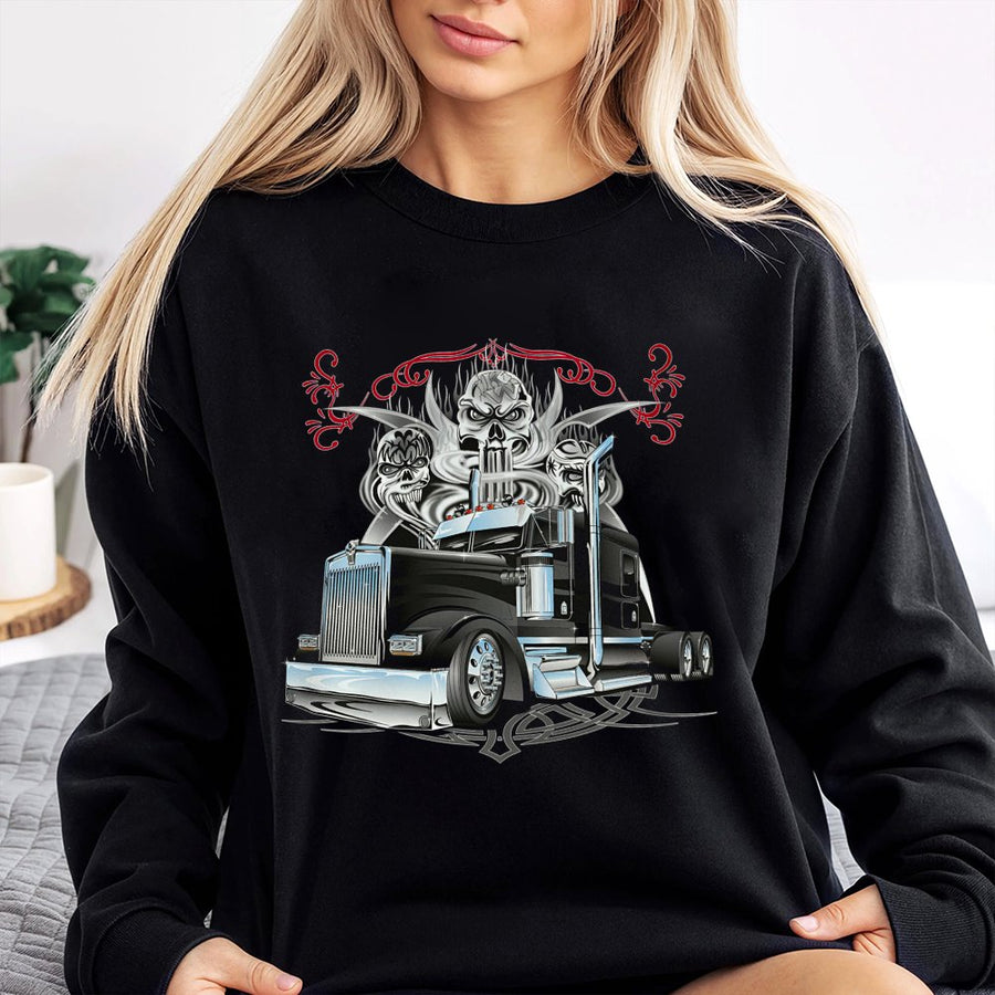 Semi Truck Skull Graphic Sweatshirt | Vintage Diesel Big Rig Design | Premium Unisex Pullover | Gift for Trucker Dad Truck Driver